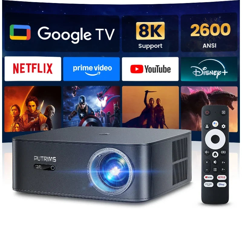 High Brightness 4k Android Projector 45000Lumens  Auto Focus WIFI 6 BT5.2 Dolby Home Movie Theater Google TV Smart Projectors