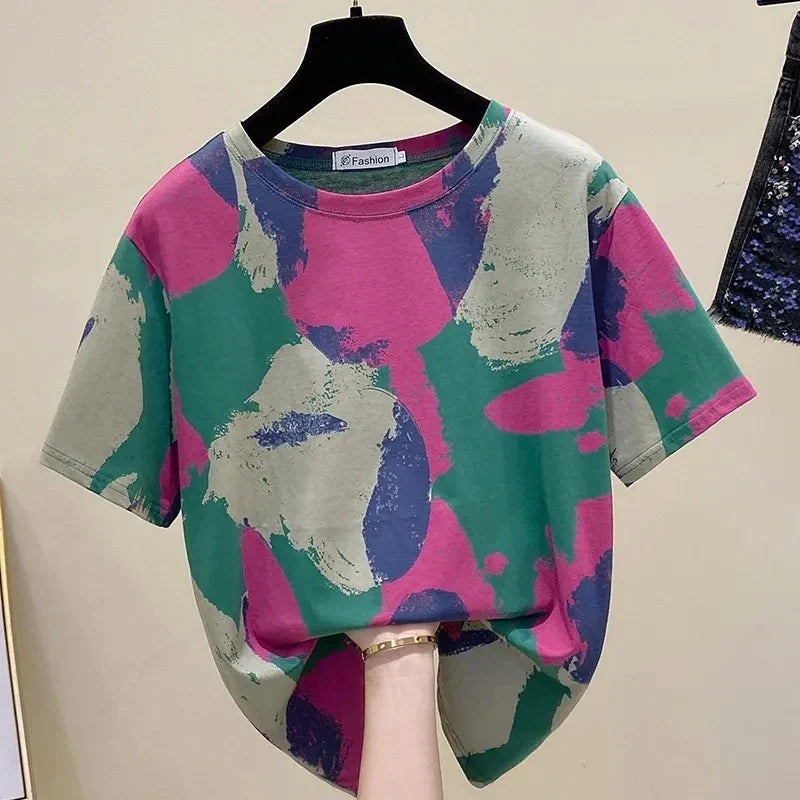 Tie Dye Printing Vintage O-Neck Pullover Short Sleeve T-Shirt Women's Blouse Shirt Korean Fashion Female Clothing Tops 2024