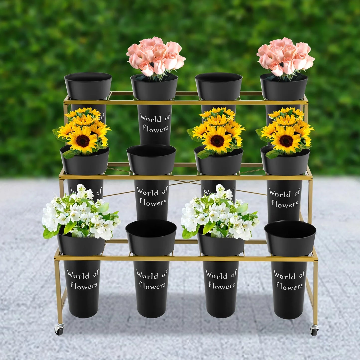 3-Layer Metal Flower Display Stand with 12 Round Buckets, Heavy Duty Rolling Plant Cart with Lockable Wheels, 110lbs Load Bearing Movable Plant Shelf for Indoor Living Room Balcony Florist