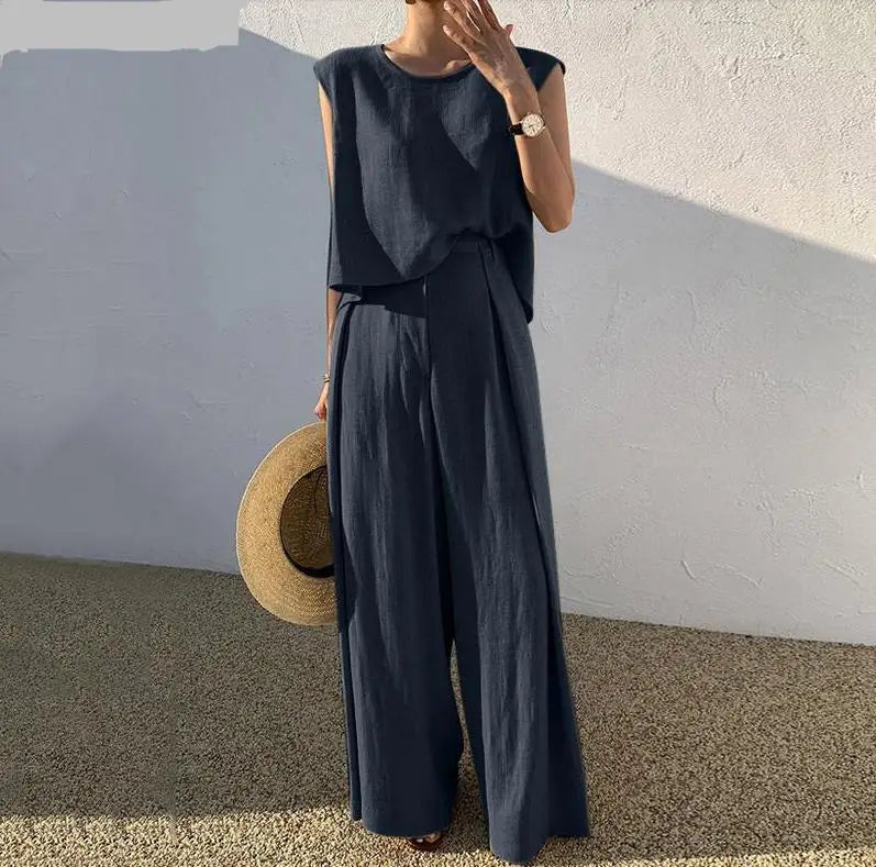 Lady Casual Loose 2 Piece Sets Fashion O-Neck Sleeveless Pullover Tops+wide Leg Pants Two Piece Sets For Women Summer Office New