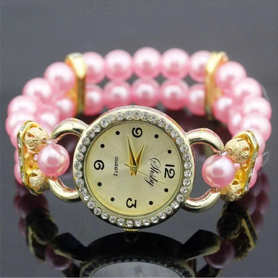Shsby New Women's Rhinestone Quartz Analog Bracelet Wrist Watch Lady Watches With Colorful Pearls