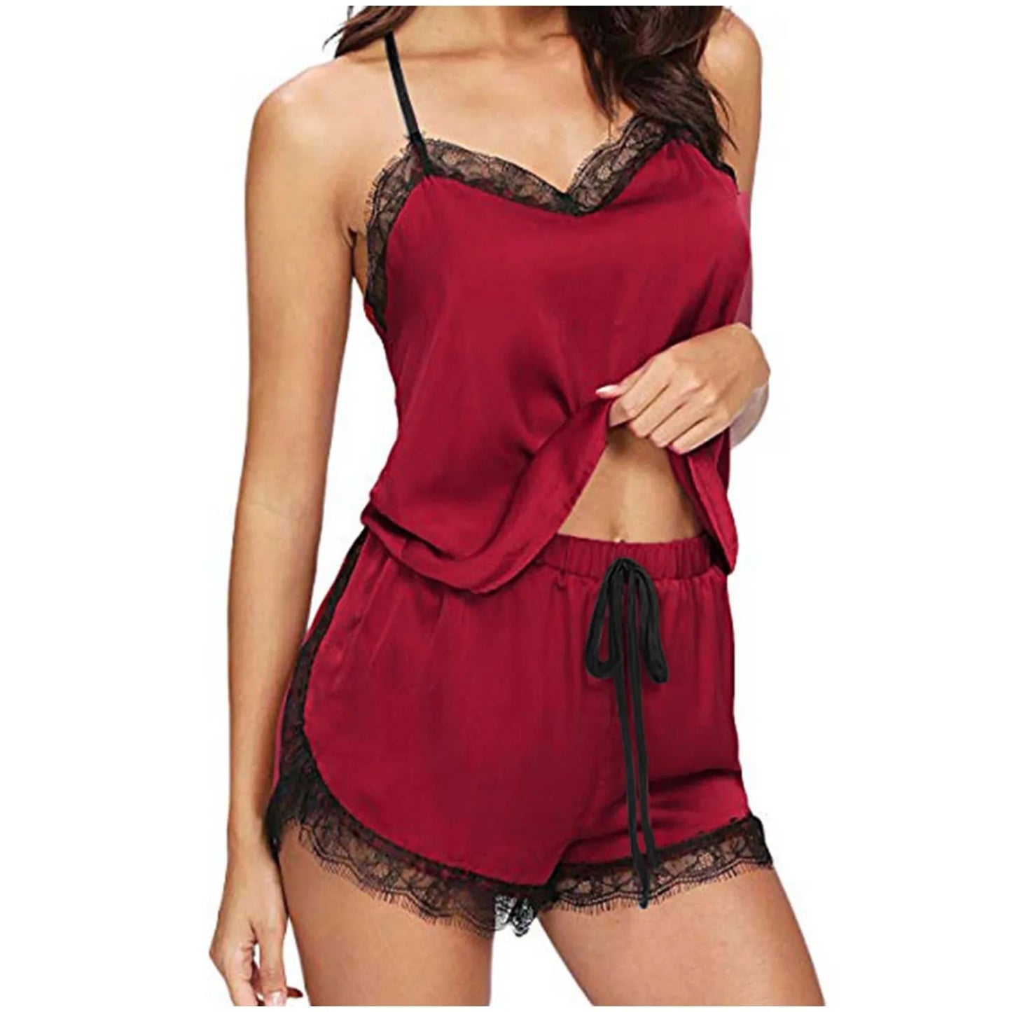 Lace Trim Pijama Sets Women's Satin Cami Top Shorts Sleepwear Set Sexy Lingerie Pajamas Home Wear Nightwear  пижама женская