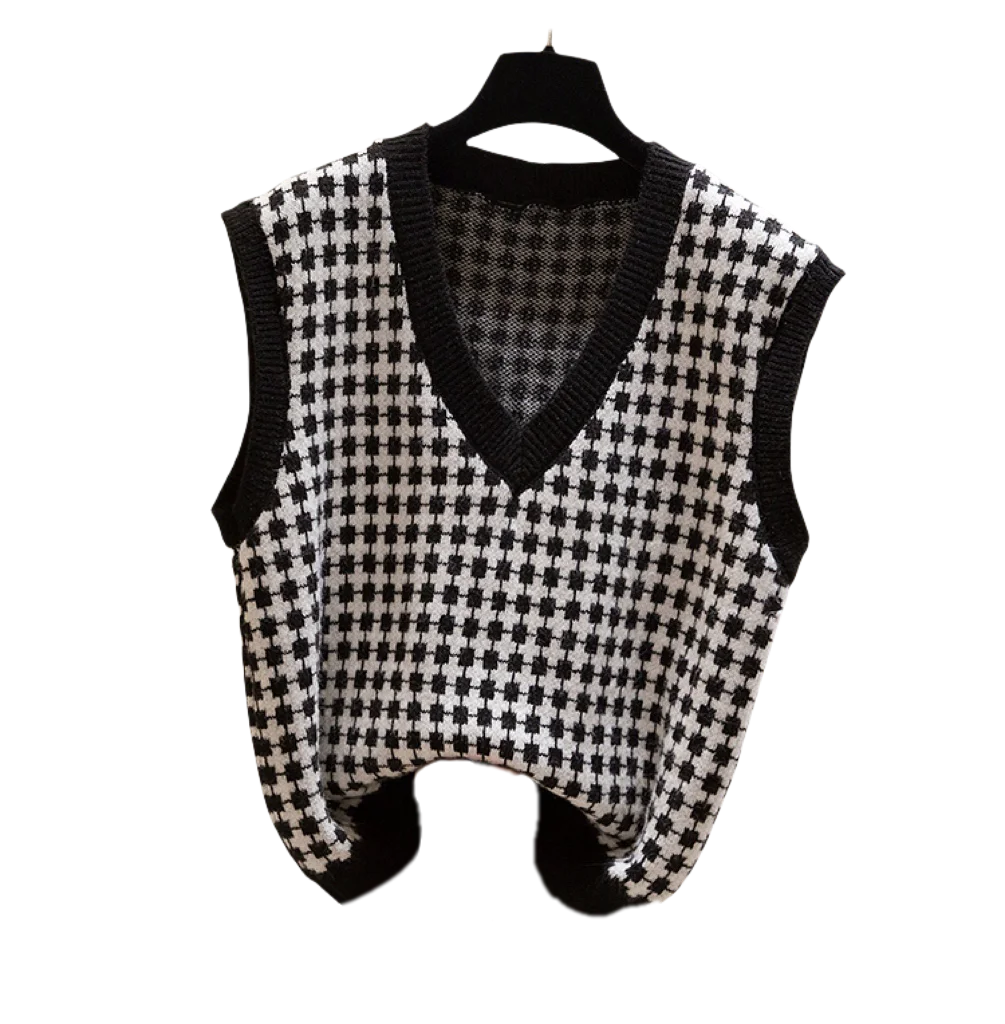 Fall Winter Knitwears 3 Pieces Set For Women Plaid Knitted Vest+solid Blouse+wide Leg Knitting Pants Sets Women Outfits 2024