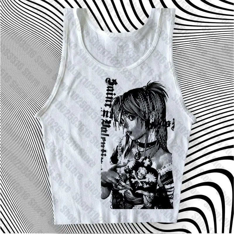 Y2k anime Streetwear O-neck 90s Text Printing , Simple Vintage Crop Aesthetic T-shirt.