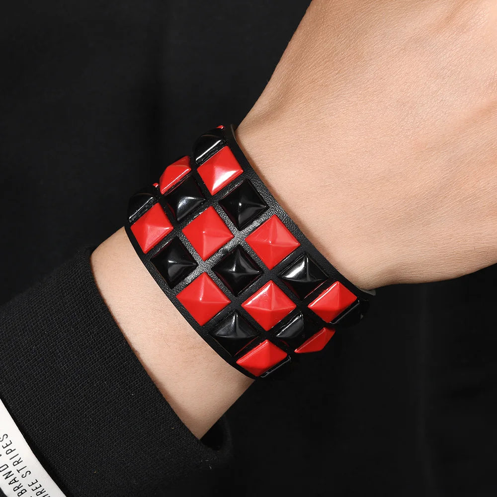 18 Color Punk Hip-Hop Three Rows of Square Rivets PU Leather Big Wide