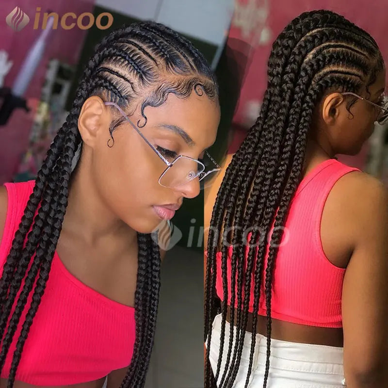 36 Inches Cornrows Braided Wigs Synthetic Full Lace Wig For Black Women Jumbo Braided Wigs Lace Frontal Faux Locs Box Braids Wig