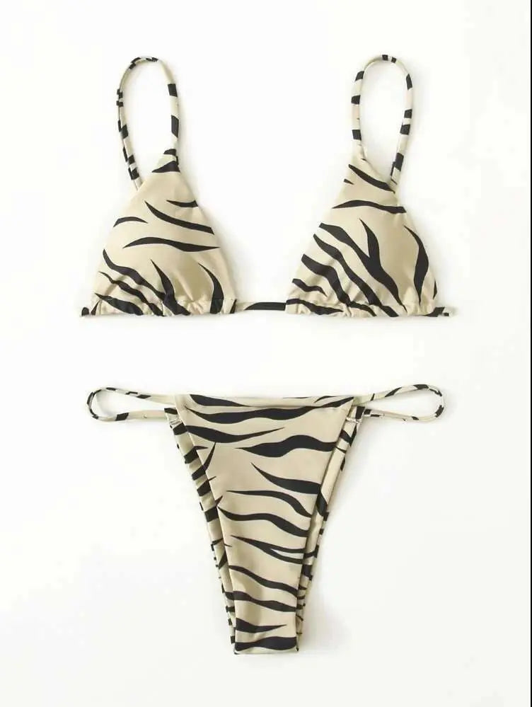 Sexy Triangle Split Swimsuit Striped Print Drawstring Women's Bikini Swimsuit