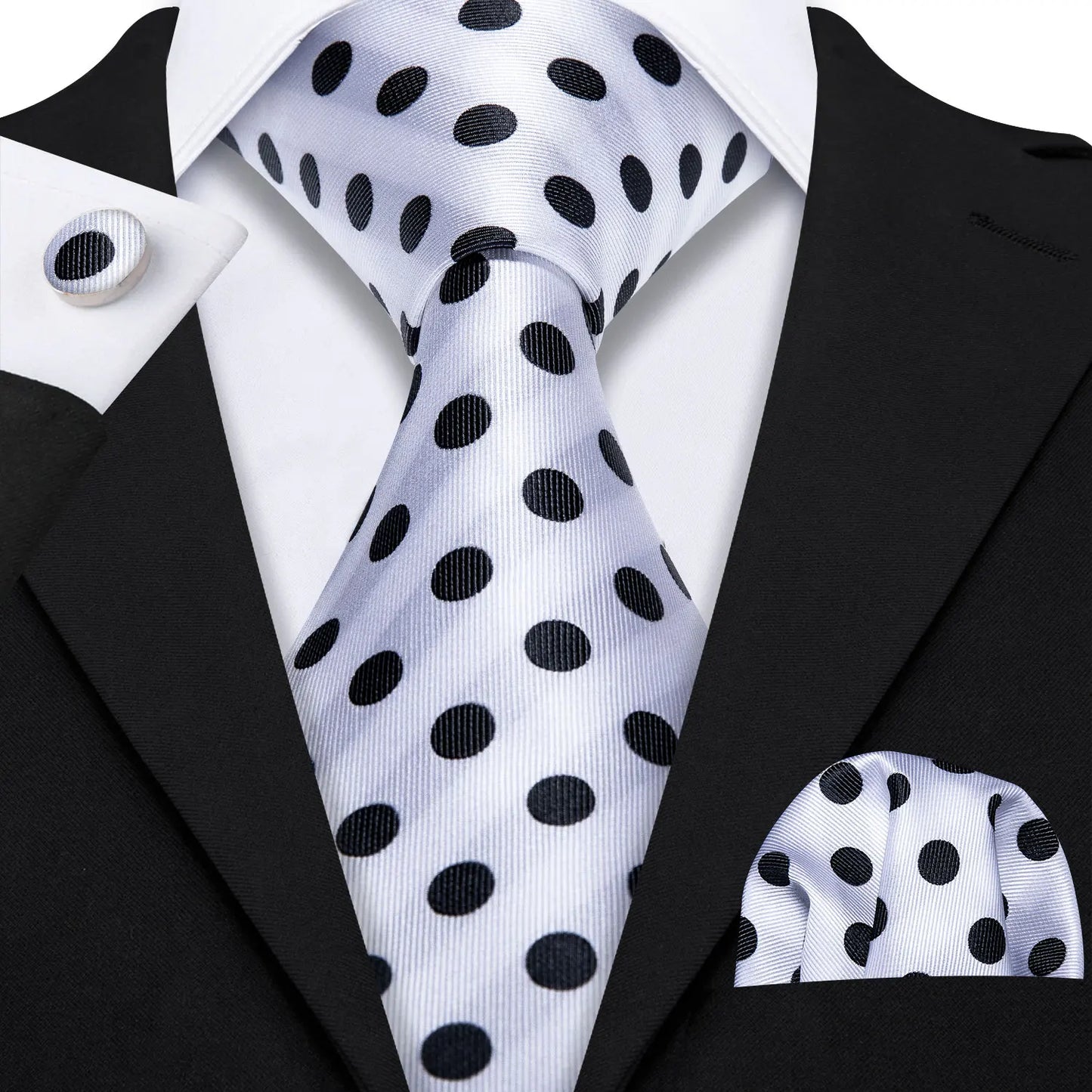 Black White Gray Silver Men Tie Handkerchief Cufflinks Set.