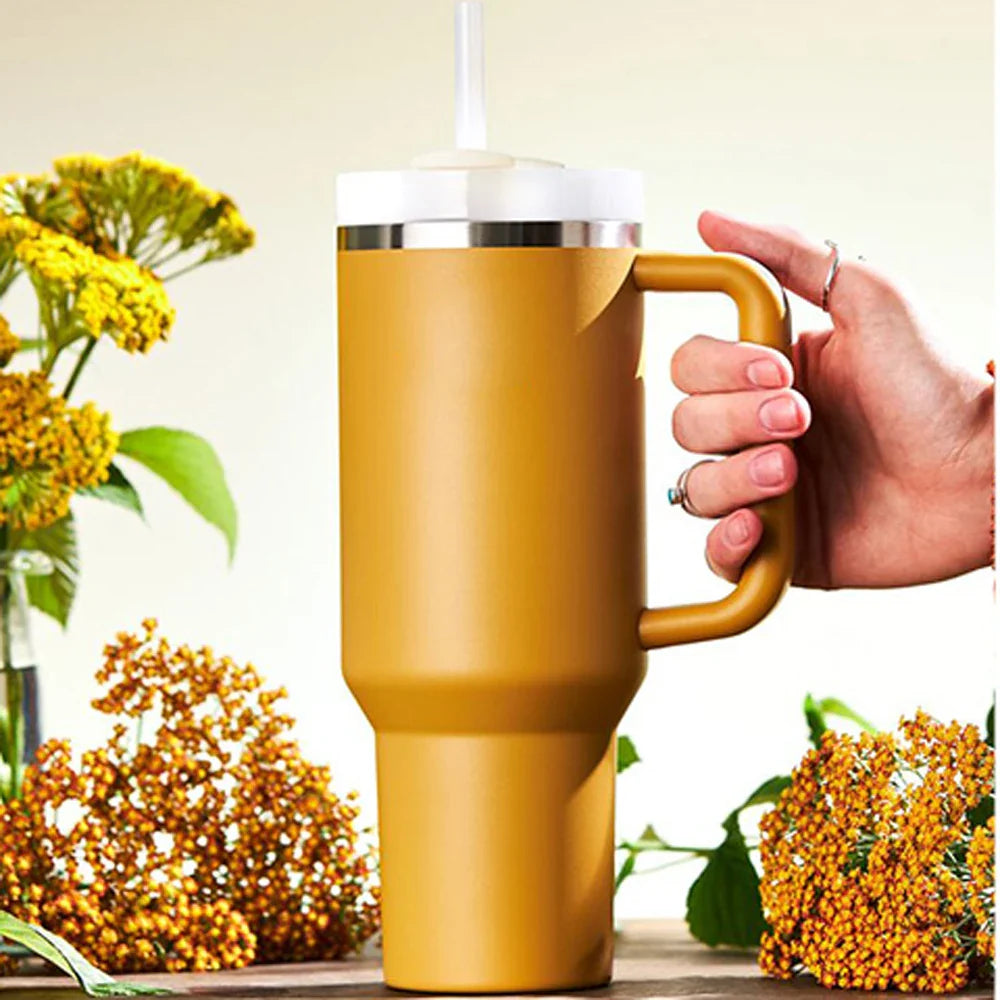 40oz Tumbler with Handle Straw and Silicone Boom Stainless Steel Vacuum Thermos Cup Large Capacity Travel Car Coffee Mug Logo