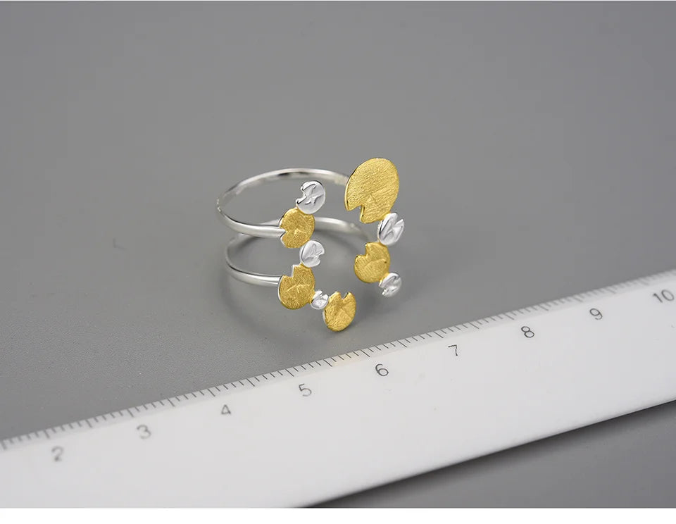 Lotus Fun Elegant Water Lily Leaves Double Layer Adjustable Rings for Women 925 Sterling Silver Luxury Designer Fine Jewelry