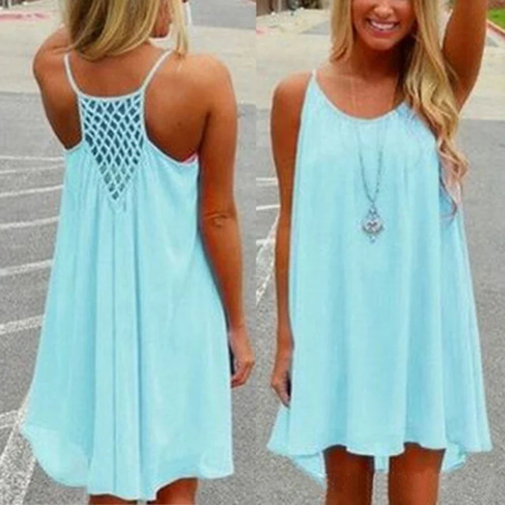 2016 Summer Fshion  2016 Hot New Sexy Women's Summer Casual Sleeveless Strap Backless Beach Dress for Evening Party