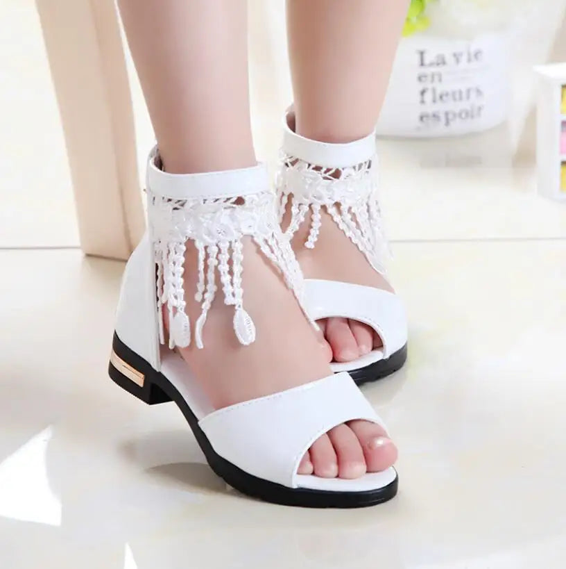 3 5 9 10 12 Year Kids Bow Sandals, Cute Princess Fashion High Heels Tassel School Shoes.