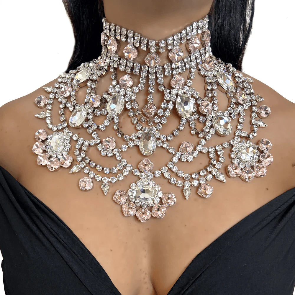 Stonefans Pink Exaggerated Choker Necklace for Women Wedding Jewelry Charming Oversize Rhinestone Chunky Choker Chain Drag Queen