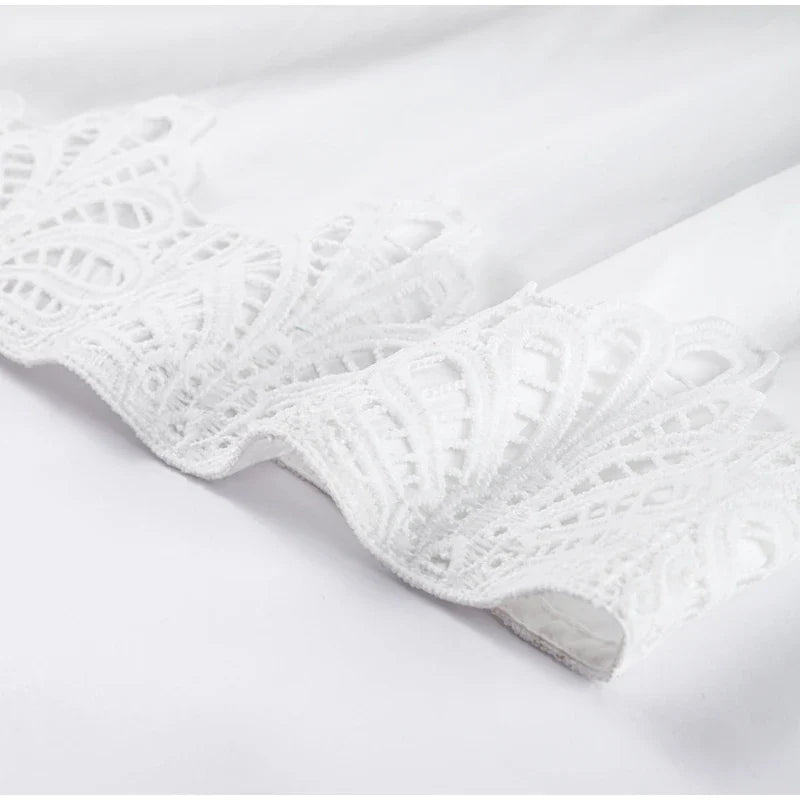 Elegant Lace Hollow Out Women's Long Dress Solid V-neck Patchwork Puff Sleeve Bodycon Dressess Female 2025 Spring New Lady Robes