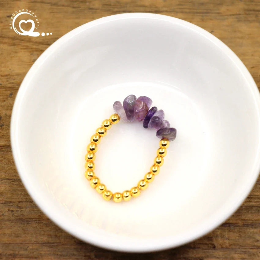 Healing Crystal Chip Stackable Rings Golds Brass Round Beads Natural Stone Gravel Stretchy Ring Fashion Women Jewelry,QC4218