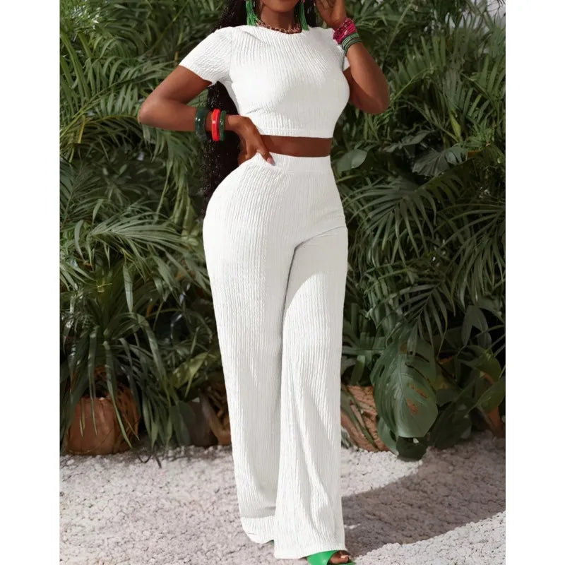 Casual Sports Set For Women Sexy Slim Short Sleeve O Neck Tops+High Waist Wide Leg Pants 2 Piece Sets Women's Clothing Holiday