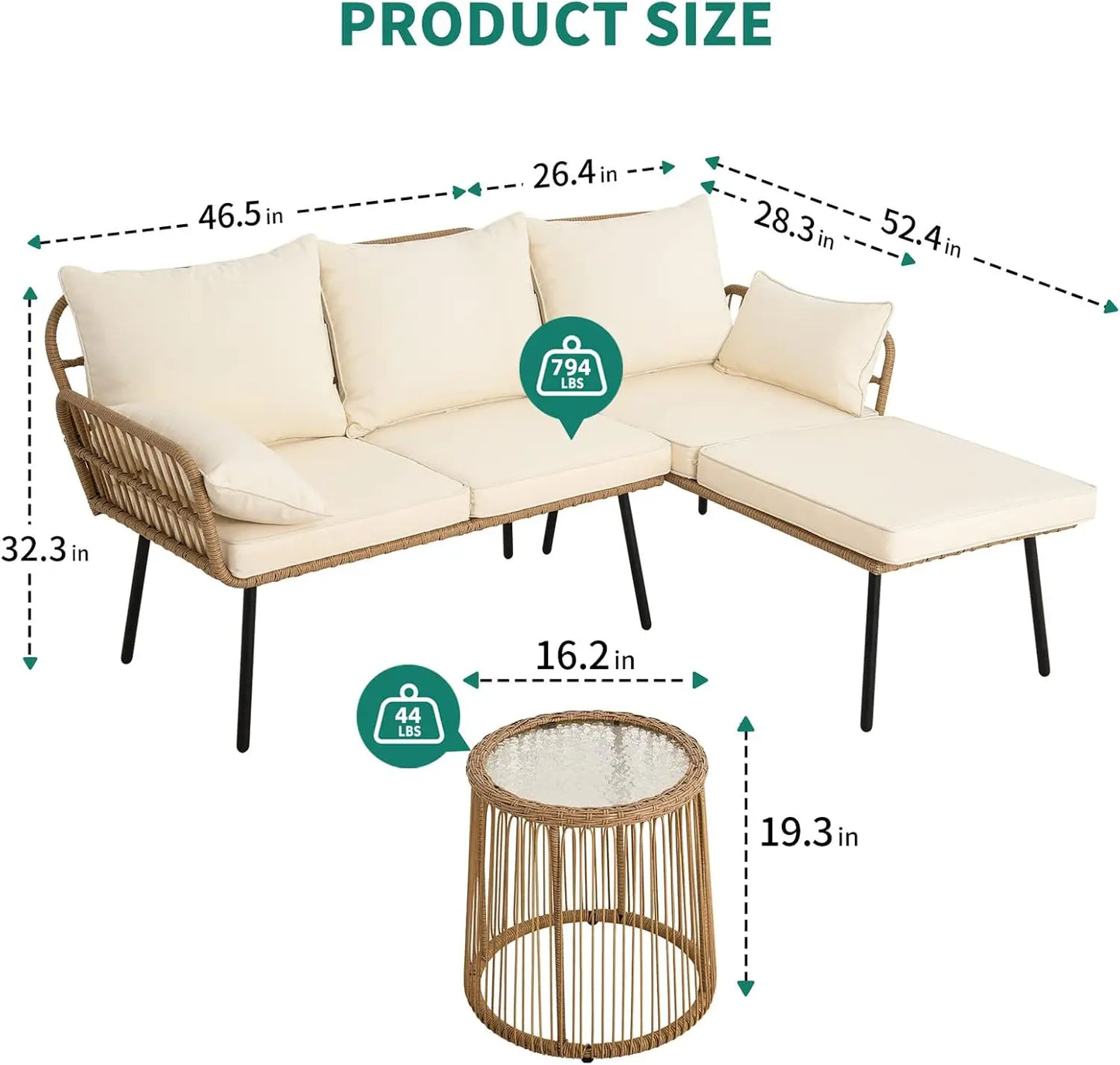 3 Pieces Patio Furniture Set, Outdoor Wicker Conversation Sectional L-Shaped Sofa with 4 Seater.