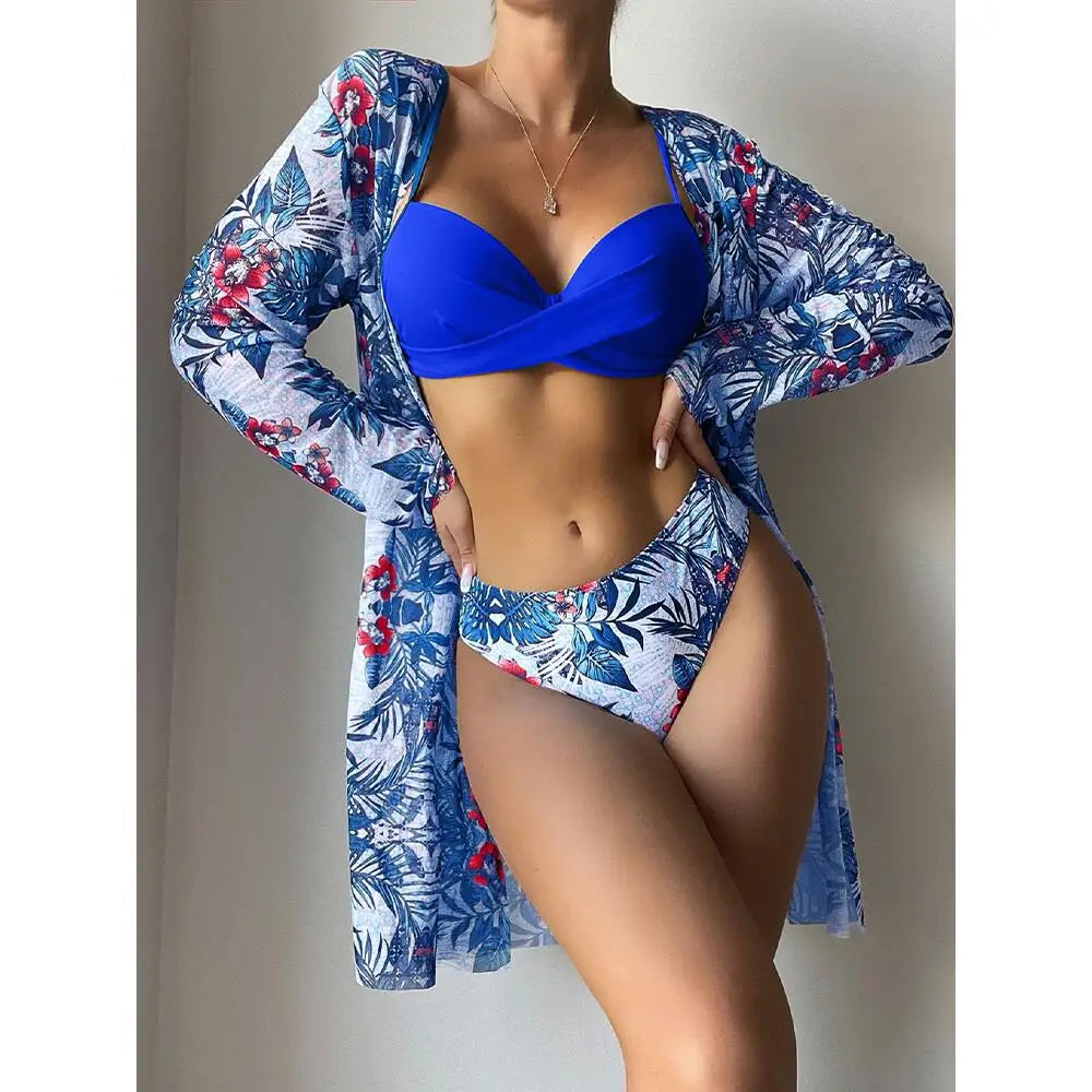 Three Pieces Bikini Set Cover Up Women New Push Up Twist Swimsuit Print Long Sleeve Swimwear Biquini Bathing Suit Summer