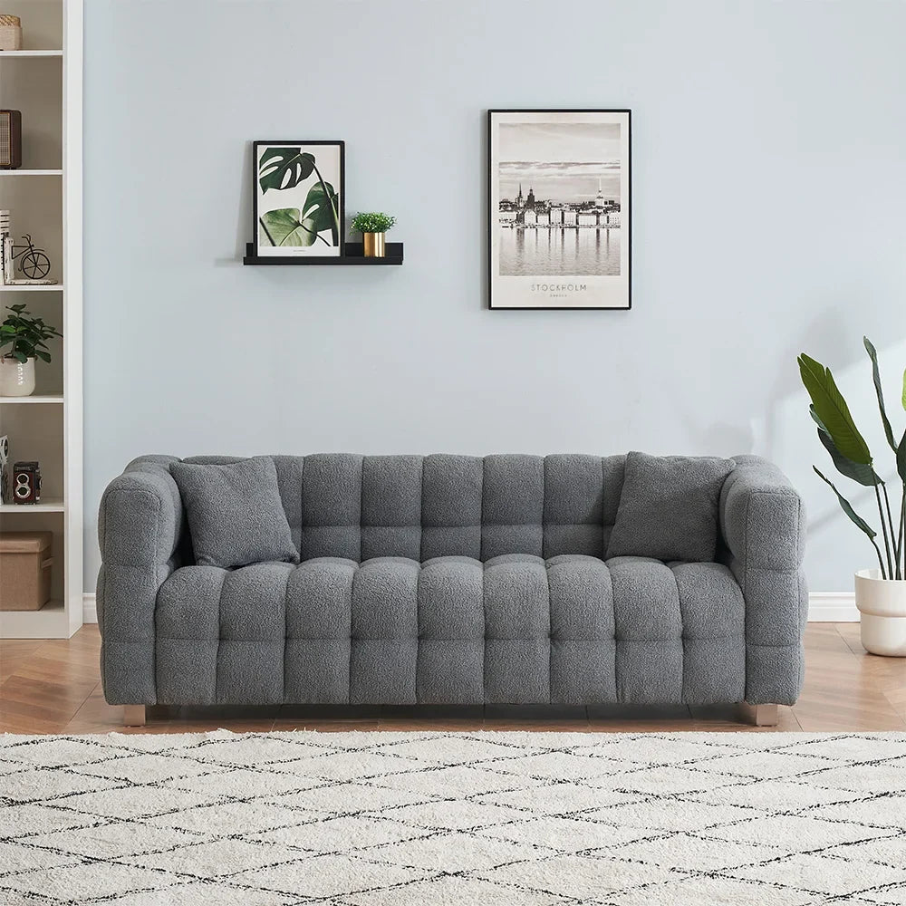 80-Inch Modern Teddy Fleece Sofa, With 2 Cushions 3-Seater  Sofa Suitable for Living Room Bedroom or Apartment Comfortable Deep-Set Leisure Furniture Wide Armrest Design Easy to Assemble