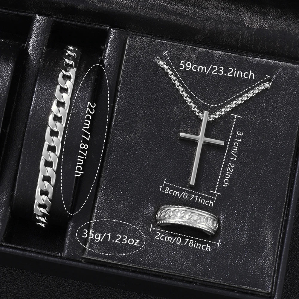 4PCS Men's Watch Set Quartz, Cross Pendant Necklace, Ring, Bracelet Set Perfect Gift for Him!!