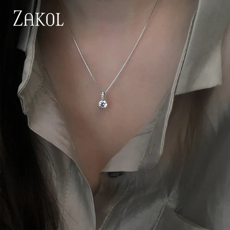 ZAKOL Simple Round Zirconia Pendant Necklaces for Women Shiny Crystal Fashion Party Dress Jewelry