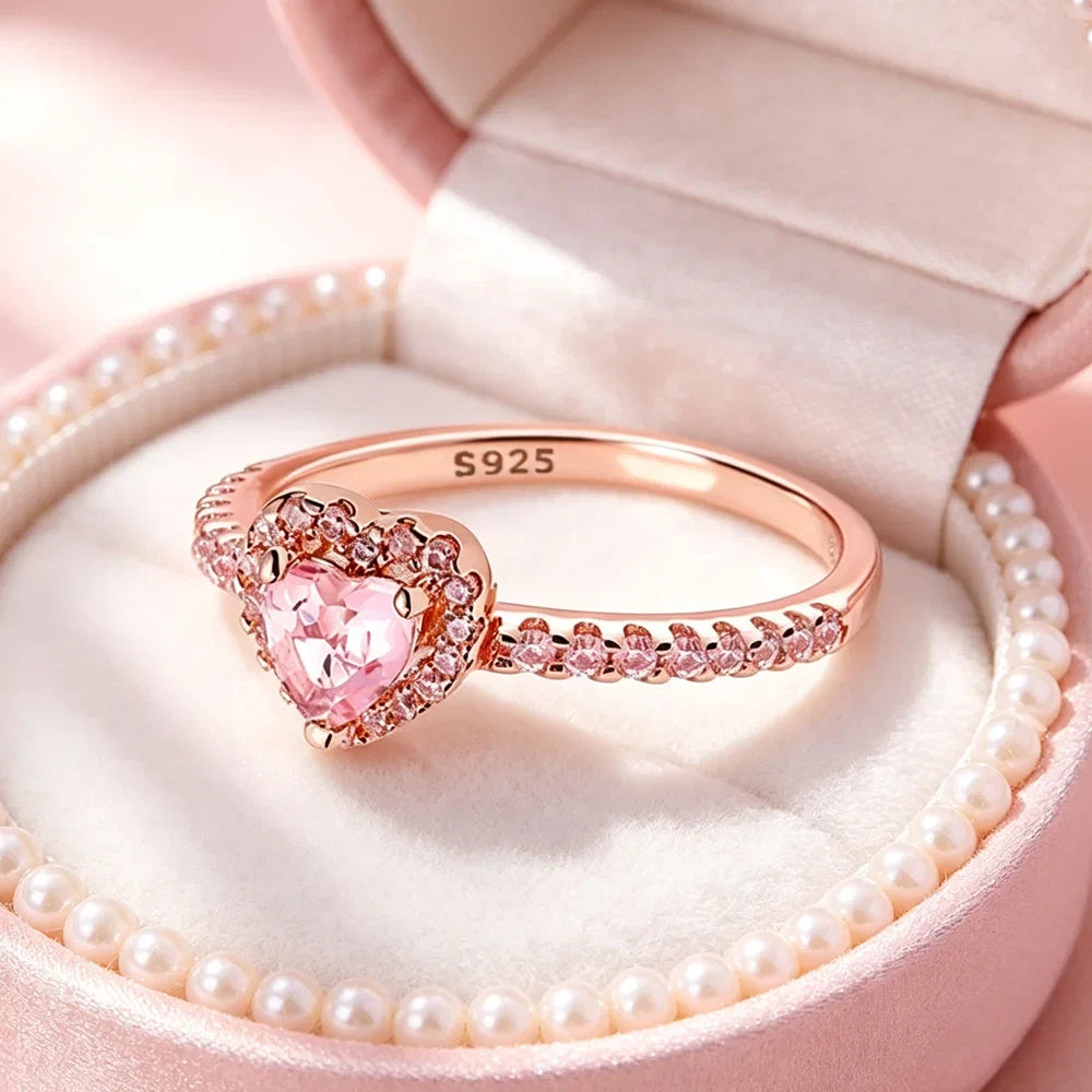 Rose Gold Plated Elegant Heart Halo Cocktail Ring Brilliant Multi Stone Fine Jewelry For Women And Teens