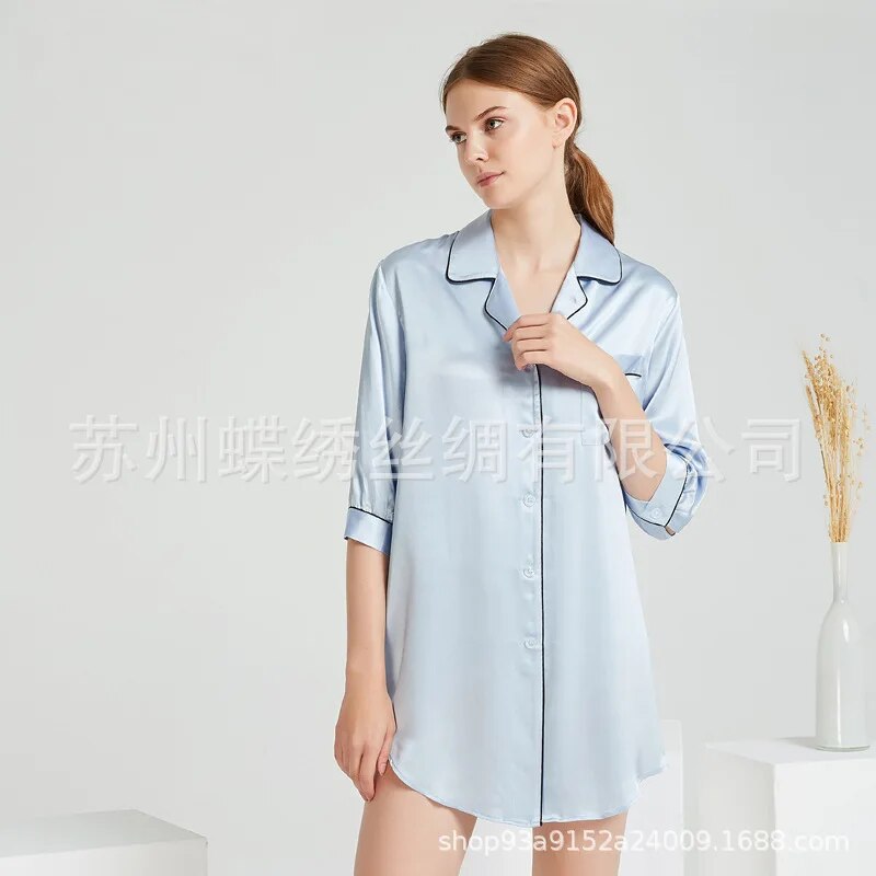 Silk Sexy Shirt Sleeping Dress Simple Solid Color Pijama Mujer Pijama Sexie Mujer Para Dormir Mulberry Silk Night Gown for Women