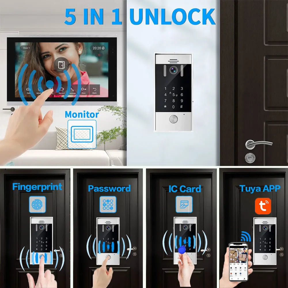 WiFi Video Doorbell System 4 Wire 10inch 1080P Doorphone Fingerprint Password Door Camera Video Intercom W/ Electric Strike Lock