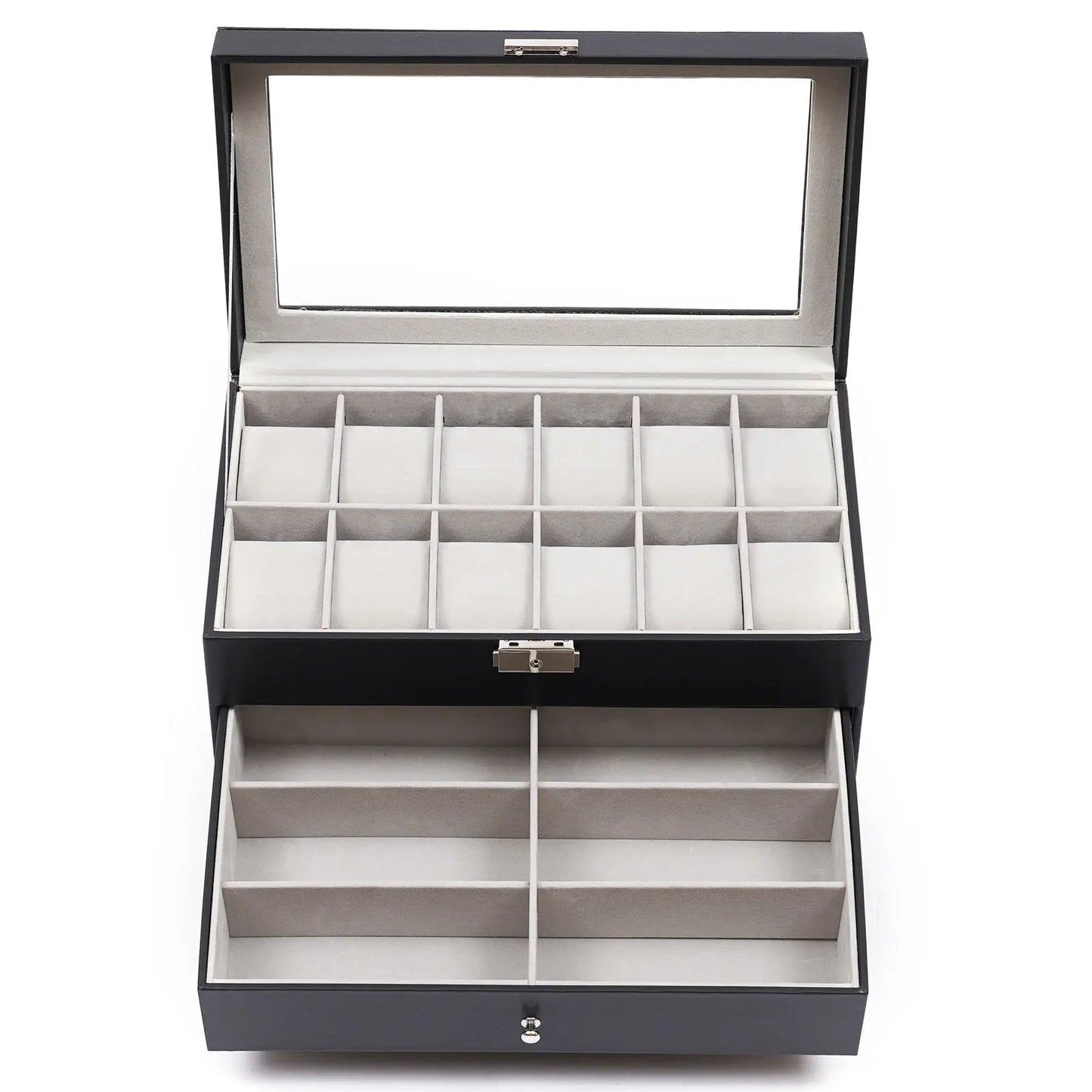 3 Layer Leather Watch Box with Glass Window for 12 Watch Eyeglasses&Sunglasses Jewelry Display Drawer Case Organizer Black