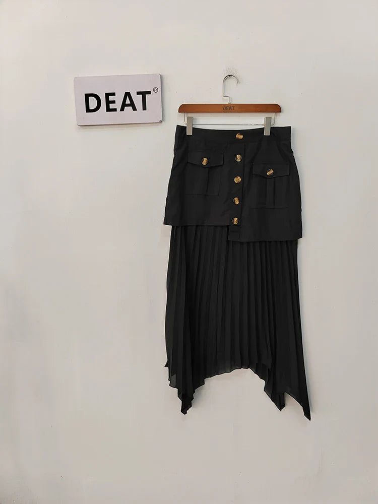 DEAT Fashion Women's Skirt High Waist Spliced Single Breasted Pleated Irregular Solid Color Long Skirts Spring 2024 New 17A6142