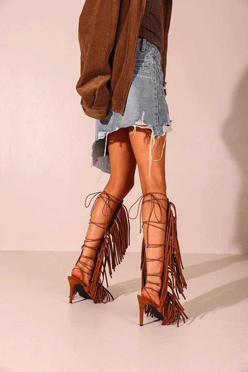 Real cow suede leather Tassels women sandals sexy high heel crystal lace up women shoes