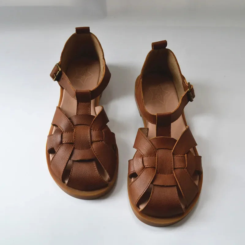 Hand-woven cowhide hollow-out outdoor flat sandals vintage leather summer WomenShoesRoman  elderly nostalgic shoe