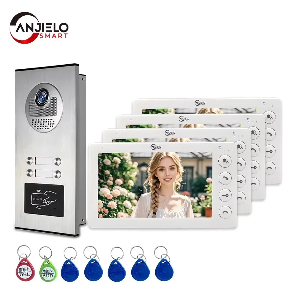 ANJIELO SMART 2/3/4 Unit Multi Apartments Intercom Video Doorbell with RFID Card Unlock 7inch 4Wired Video Door Phone System