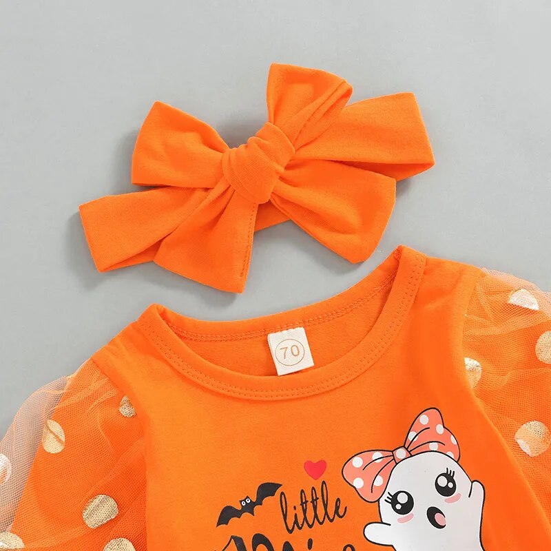 Newborn Baby Girl Halloween Outfit Mesh Puff Sleeve Romper Ruffles Bell Bottom Pants Set with Headband Clothes