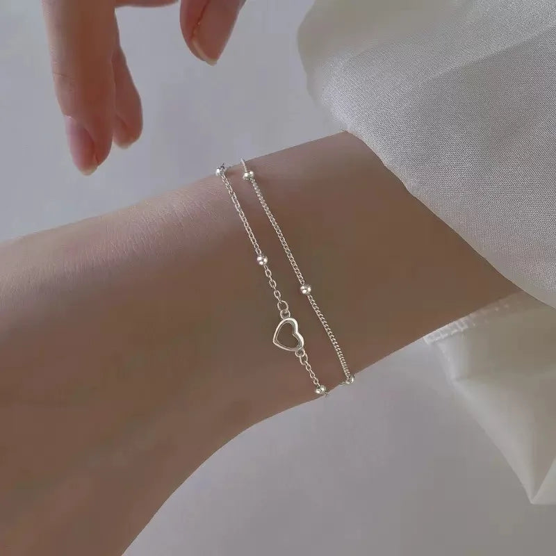 925 Sterling Silver Hollow Heart Bracelets for Women Girls Vintage
