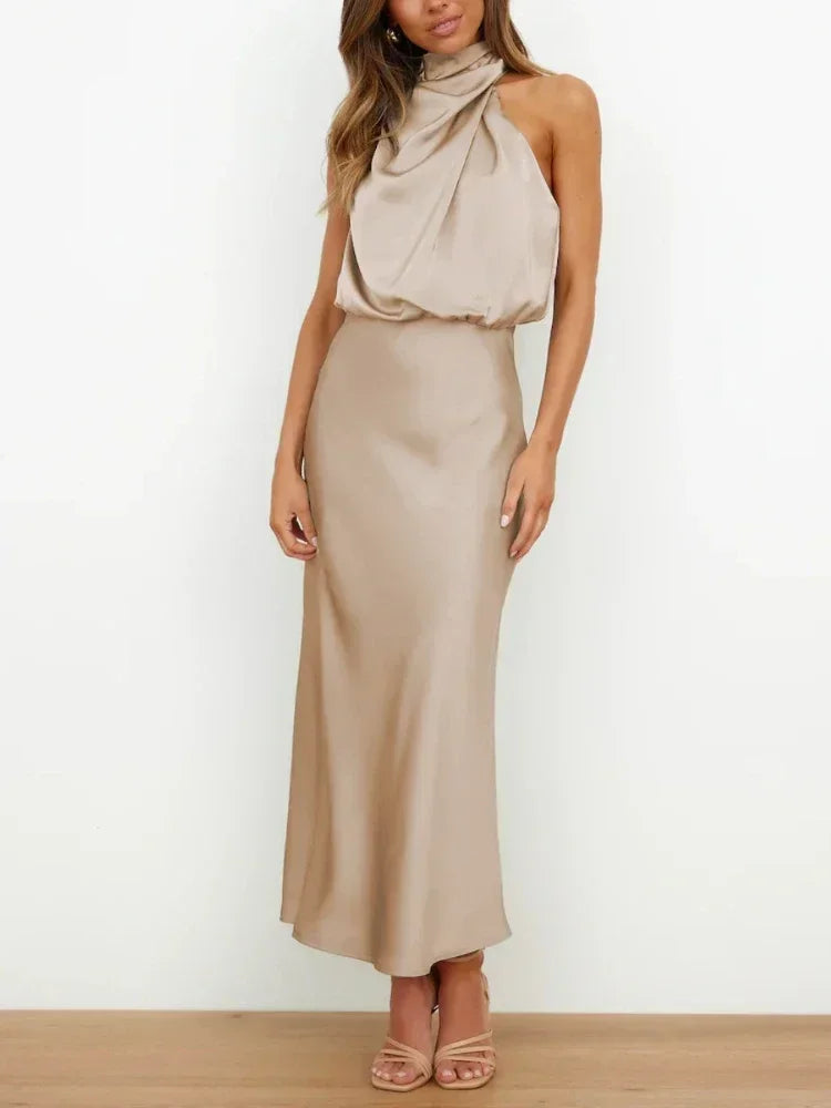 New Wedding Satin Silk Women Dresses Sexy Evening Party Sleeveless Off Shoulder Bodycon Elegant Maxi Dresses for Women Clothes