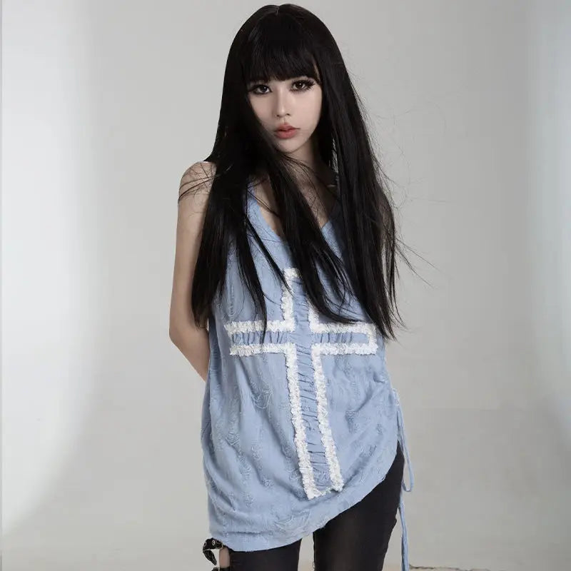 Y2k Aesthetic Tank Top Women Gothic Punk Cross Patchwork Harajuku Streetwear Sleeveless Tee Pleated Bandage Fairy Grunge Tanks