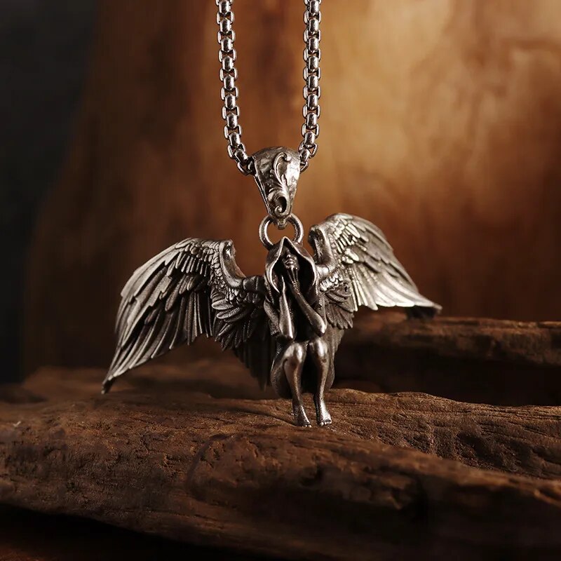 Gothic Wings Grim Reaper Pendant Half Body Skull Necklace Biker Punk Rock Jewelry Halloween Gift