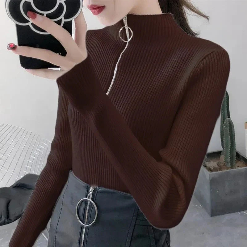 Knitted Women Zipper Half High Neck Sweater Solid Knitwear.