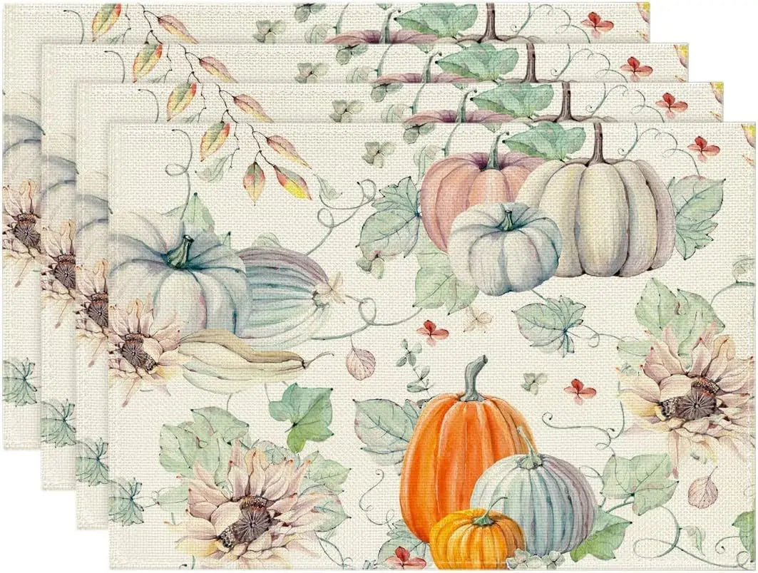 4PCS Thanksgiving Day Table Placemats 30*45cm Linen Autumn Pumpkin Maple Leaf Printed Dining Table Mat Festive Table Decoration