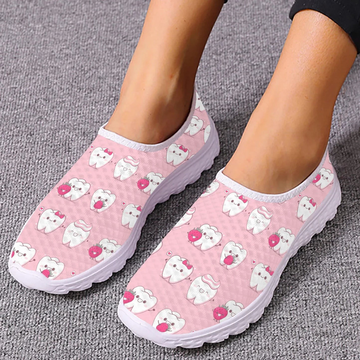 INSTANTARTS Cartoon Dental Loafers Pink Tooth Print Comfortable Breathable Shoes Medical Nurse Shoes Women's Slip On Shoes Flat