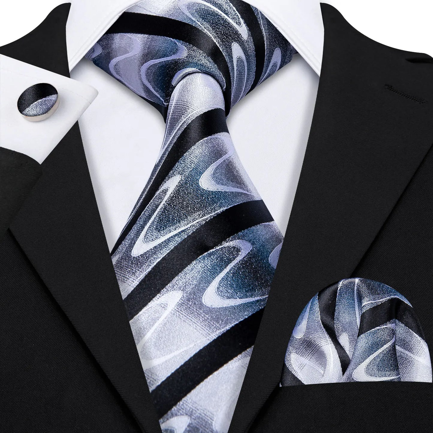 Black White Gray Silver Men Tie Handkerchief Cufflinks Set.