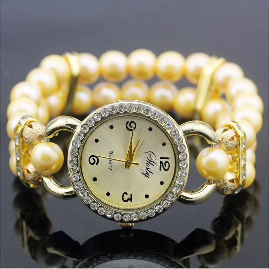Shsby New Women's Rhinestone Quartz Analog Bracelet Wrist Watch Lady Watches With Colorful Pearls