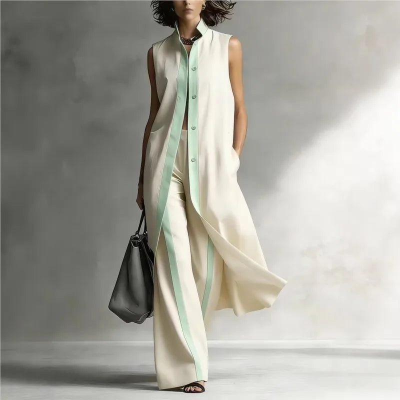 Women's Two-piece Sleeveless Stand-up Collar Vest Cardigan Trousers 2026 Summer New Loose Fashion Casual Contrast Color Suit