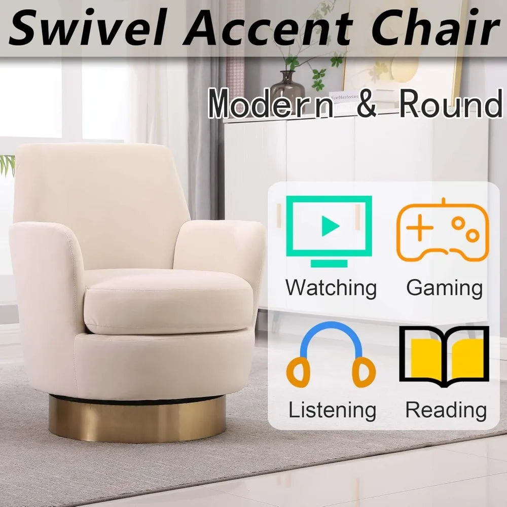 Velvet Swivel Accent Chair for Living Room, Comfy Barrel Chair with High Back, Gold Base (Beige)
