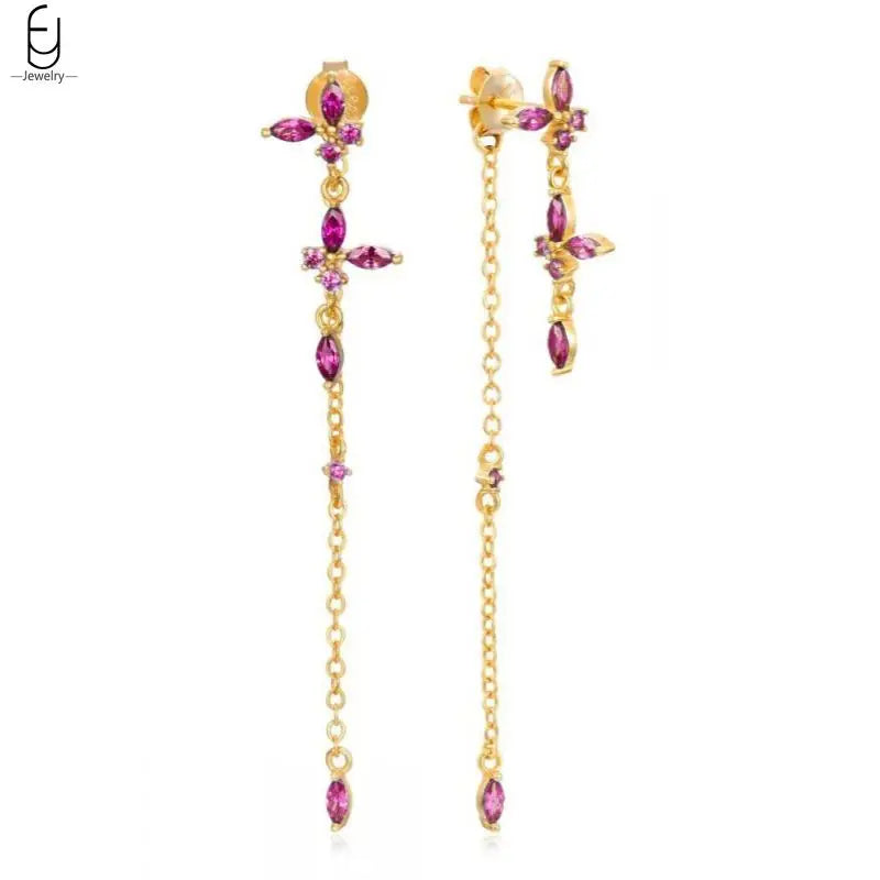 925 Sterling Silver Needle Rose Red Crystal Stud Earrings For Women Water Drop/Heart Pendant Gold Earrings Fashion Jewelry Gifts
