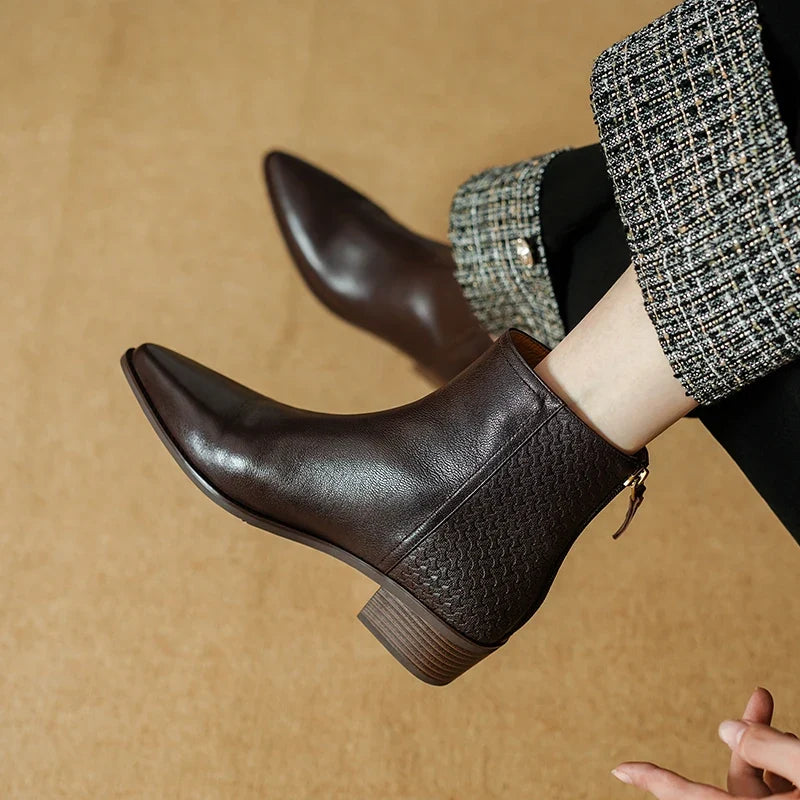 2025 New Autumn Women Boots Pointed Toe Chunky Heel Shoes Genuine Leather Women Shoes Concise Zipper Ankle Boots Western Boots