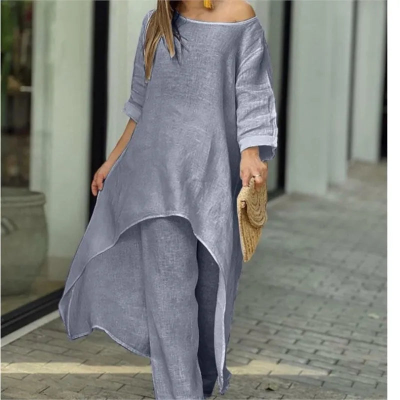 2025 Loose New In Matching Sets Two Piece Outfit 2 Pieces Set For Woman Solid Color Irregular Hem Long Sleeves Wide Legs Trouser