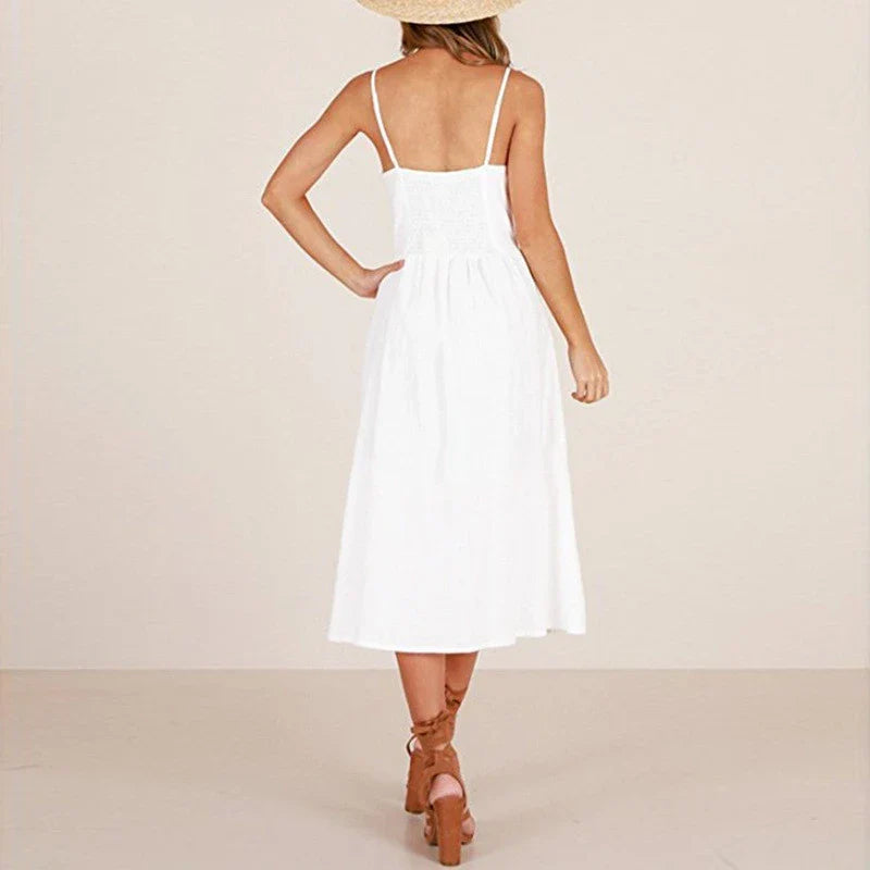 Solid color summer camisole women's beach dress, fashionable and casual patchwork camisole button back tie dress for women