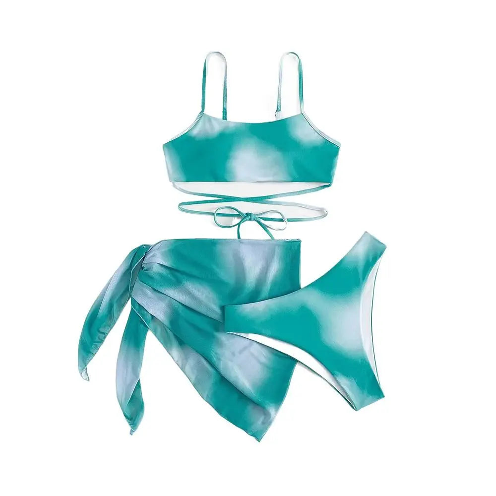Women's 3 Piece Gradient Tie Dye Bathing Suit Lace Up High Cut Bikini with Beach Skirt